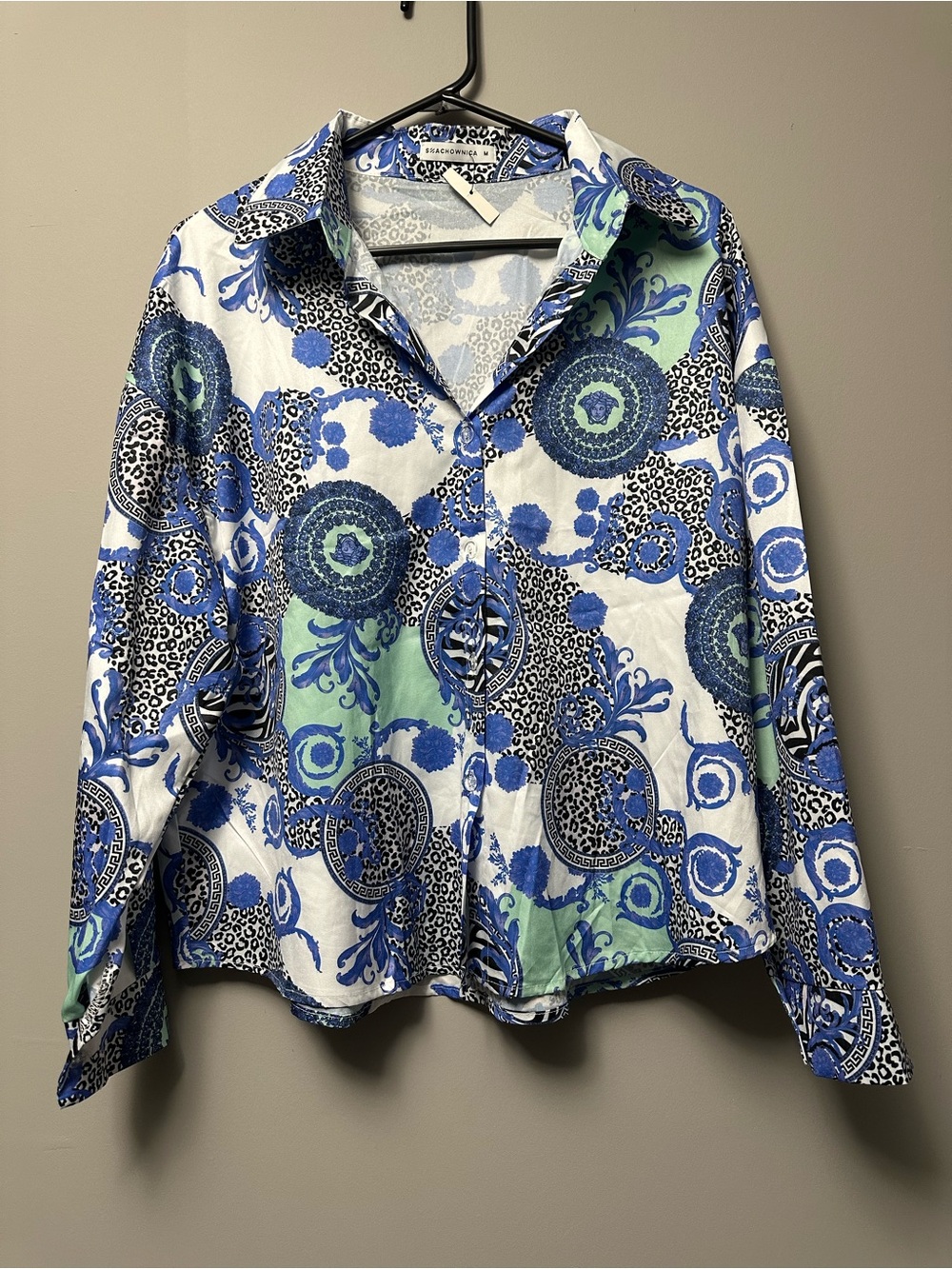 Casual Blue & White Printed Button-Down Shirt - Women